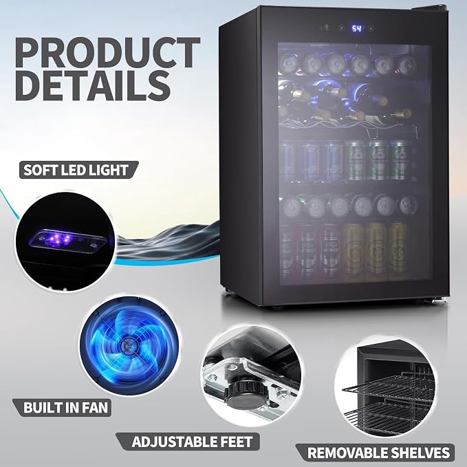 Antarctic Star Beverage Refigerator Cooler -145 Can Mini Fridge for Soda Beer or wine,with glass door, For Office or Bar with Adjustable Removable Shelves，4.5 Cu. Ft. (Black)