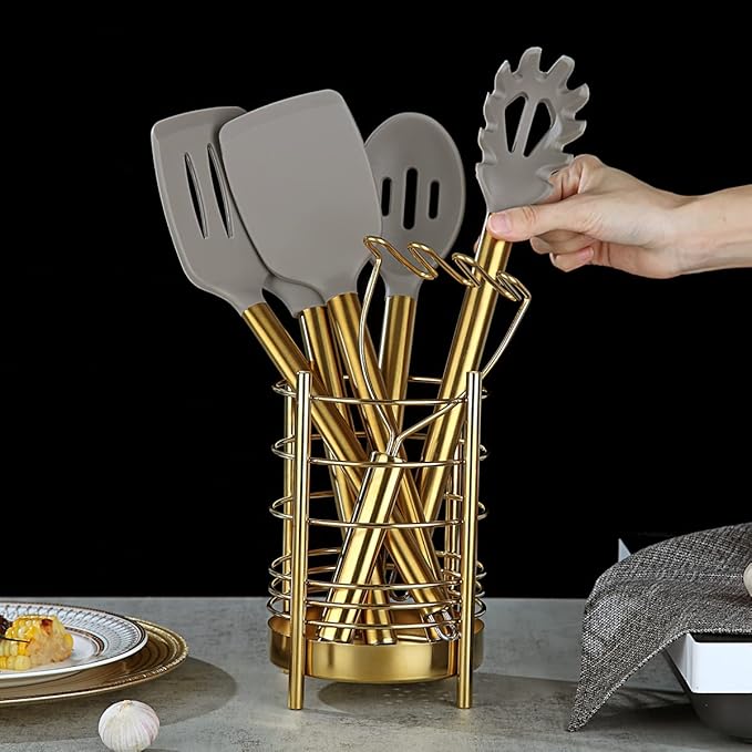 Gold Kitchen Utensils Set, Berglander 38 Pieces Non-stick Silicone Cooking Tools Spoon Spatula Set With Sturdy Stainless Steel Utensil Holder, Dishwasher Safe