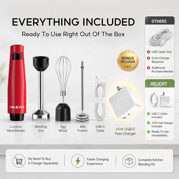 Cordless Immersion Blender, 3-in-1 Hand Blender with Charger | Blend Anywhere: Wall Charger, Brushless Motor, Whisk & Frother, 60+ Bowls, Smoothies, Soup, Baby Food