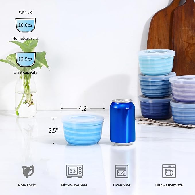 Selamica Ceramic Ramekins with Lids, 10 OZ Creme Brulee Ramekins with Covers Oven Safe, Custard Cups Small Baking Bowls for Souffle, Pudding, Onion Soup, Dips, Set of 6, Gradient Blue