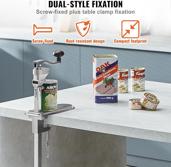 VEVOR Commercial Can Opener, 23.2"/59cm Long, Stainless Steel Manual Table Can Opener for Up to 15.7"/40cm Tall, Fixed with Clamp or Screws, Ergonomic Swing Handle & One Spare Knife, for Restaurants