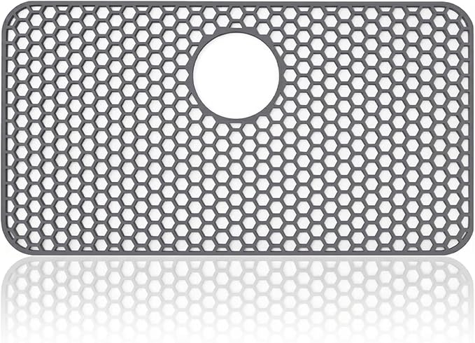 Silicone Sink Protectors for Kitchen - Non-Slip Heat Resistant Grid Mat for Farmhouse Porcelain Stainless Steel, Protects & Cushions Your Sink (Gray 1PCS, 26"x14" Rear Drain)