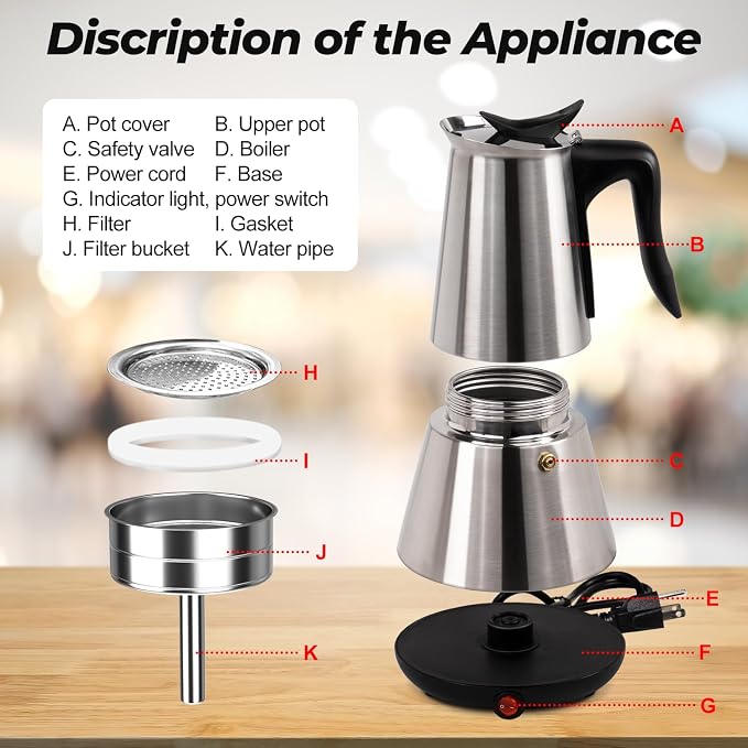 Electric Stainless Steel Moka Pot 6 Cup 300ml Mocha Pot Espresso Maker with Detachable Base Ideal Coffee Maker for Home Italian and Cuban Café Coffeemaker Espressomaker Coffee Pot