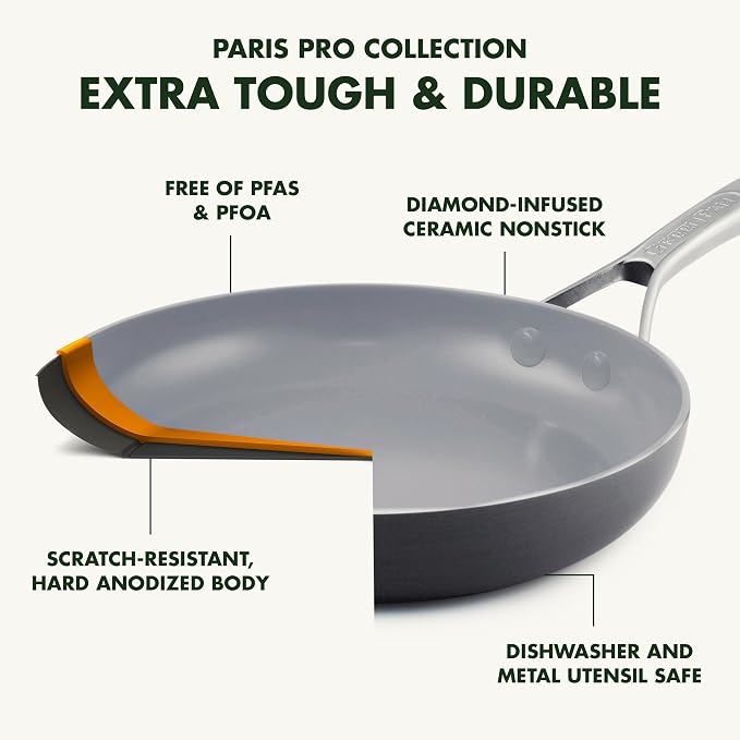 GreenPan 8” Nonstick Frying Pan Skillet, PFAS-Free Ceramic, Hard Anodized Cookware, Stainless Steel Handle, Dishwasher & Oven Safe, Paris Pro, Gray