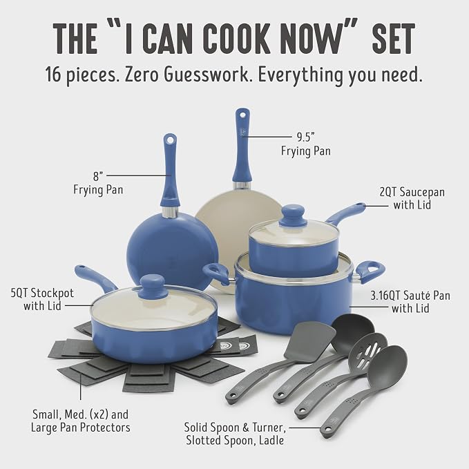 GreenLife 16-Piece Nonstick Cookware Set, Non-Toxic Ceramic Pots and Pans Set, Durable Healthy Kitchen Essentials, Fast Heating, Induction Ready, Easy Clean Dishwasher Safe, PFAS-Free, Slate Blue