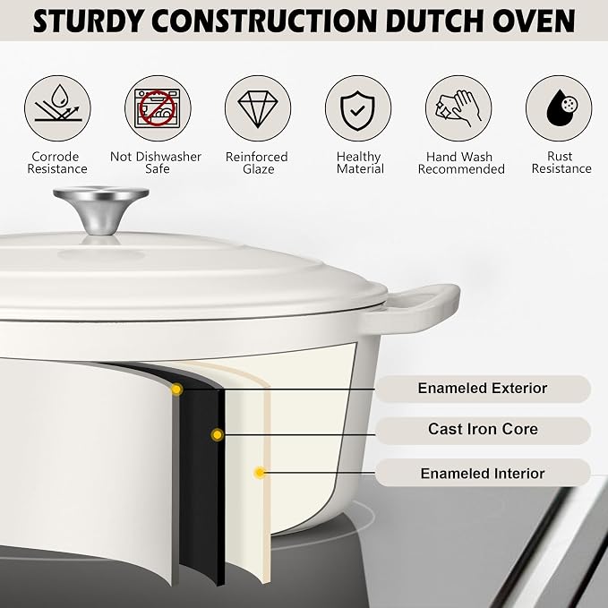 TeamFar 7QT Oval Dutch Oven, Enameled Cast Iron Dutch Oven Pot with Lid, For Bread Baking/Stewing/Braising/Frying, Suitable for Various Stoves, Non-stick & Easy Clean, White