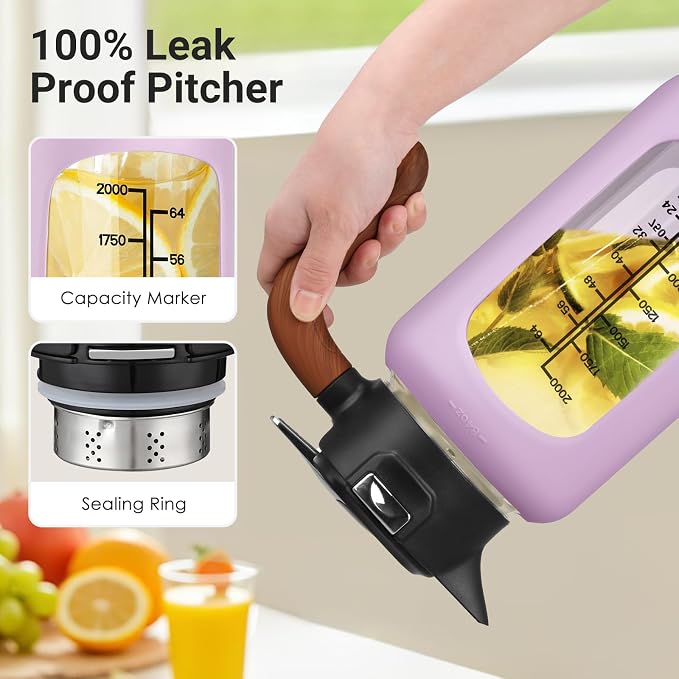 84oz Glass Pitcher with Lid and Handle Borosilicate Glass Water Jug/Carafe for Hot & Cold Beverages, 2.5Liter Large Pitcher with Silicone Sleeve & Wide Mouth, Fridge Safe for Iced Tea, Coffee, Juice