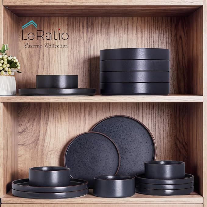 LERATIO Ceramic Dinnerware Sets for 6, High Edge Stoneware Plates and Bowls Set, Chip and Crack Resistant | Oven & Dishwasher & Microwave Safe Dishes Set, Service for 6 -Ashen