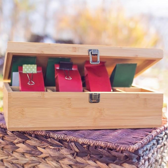 Bamboo Tea Organizer Box Chemical Free Eco-Friendly Big, Tall, Adjustable Cubbies Natural Wooden Storage Chest (8-Slot 14.3" x 8.1" x 4.2" with Tea Leaf design)