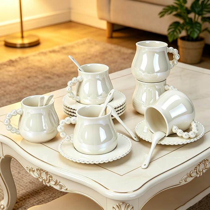 Coffee Cup Set of 6 with Saucers, 8 OZ Ceramic Espresso Cups, Pearl Glaze Coffee Cup Gift for Double Shot, Cappuccino, Cafe Mocha, Dishwasher & Microwave Safe, Elegant Deco
