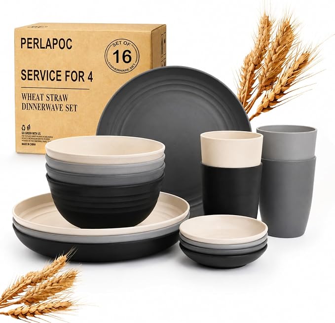 Wheat Straw Dinnerware Sets 16 PCS - Unbreakable Kids Plates and Bowls Sets for 4,Dishwasher & Microwave Safe Modern Lightweight Toddler Plates and Bowls Set for RV,Travel,Camping - Grey Stone