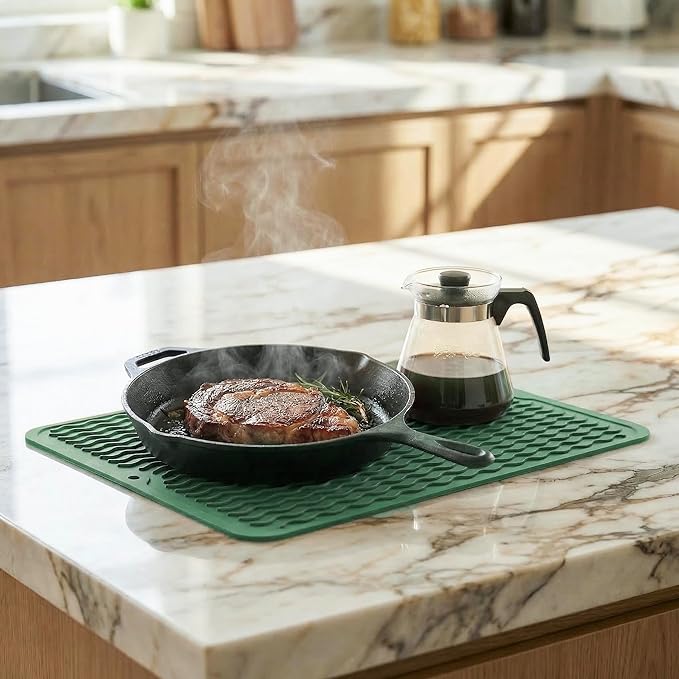 MicoYang Silicone Dish Drying Mat for Multiple Usage,Easy clean,Eco-friendly,Heat-resistant Silicone Mat for Kitchen Counter or Sink,Refrigerator or drawer liner Green L 16 inches x 12 inches