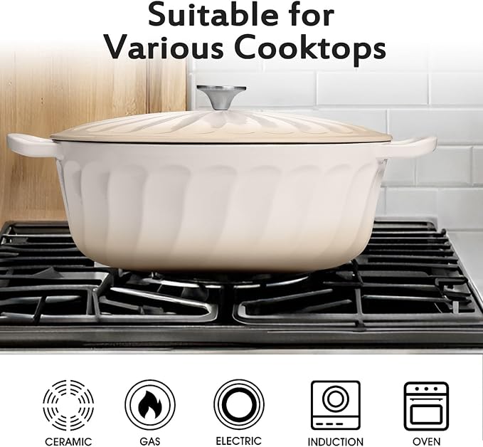 Enameled Dutch Oven Pot with Lid, 7 QT Cast Iron Dutch Oven with Dual Handles, Oval Dutch Oven for Cooking, Bread Baking, Frying, Non-stick Enamel Coated Oven (Caramel White)