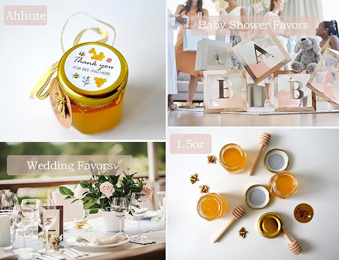 Small Honey Jar, Mini Honey Jars with Dipper, Glass Honey Pot Baby Shower Favors, Party Favors & Wedding Favors, Hexagon Honey Container w/ Lid, Bee Charms, Fabric Ribbons and Bags, 60 Pack 1.5oz
