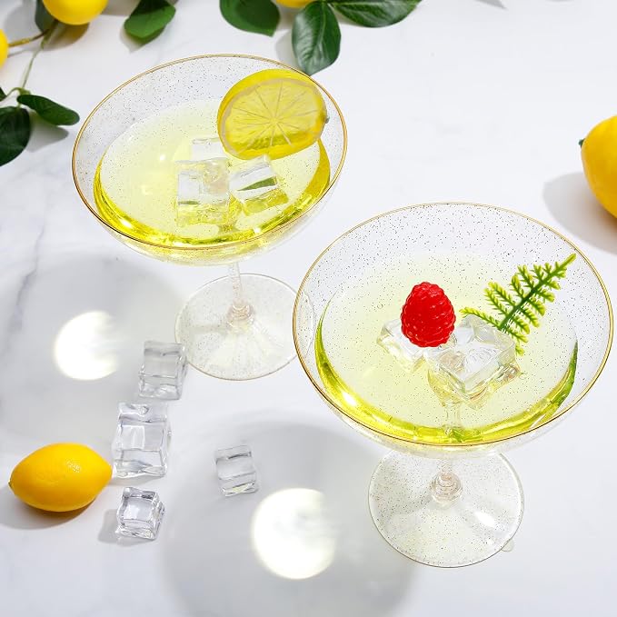LemonRoad 12 Pcs Detachable Martini Glasses 9oz Disposable Plastic Coupe Cocktail Dessert Glassware Set for Champagne Wine Wedding Birthday Holiday Party Supplies (Transparent Gold Powder)