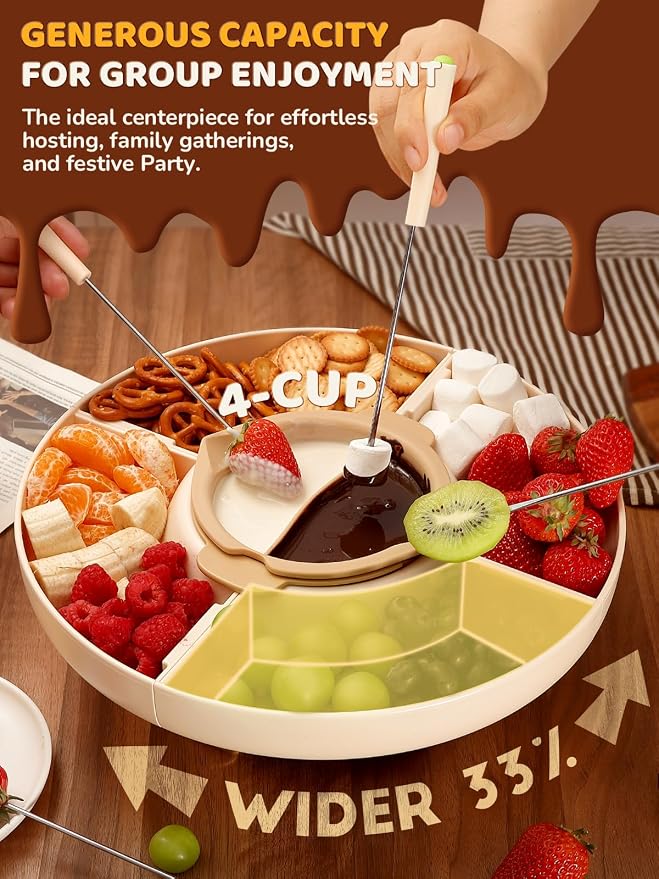 LUSHYUM Electric Chocolate Fondue Set, 4-Cup Chocolate, Rotating Tray | Melt & Warm Modes, Dual Silicone Inserts, 6 Color-Coded Forks, Easy-Clean, Ideal for Candy Melts, Couple Family & Date Night
