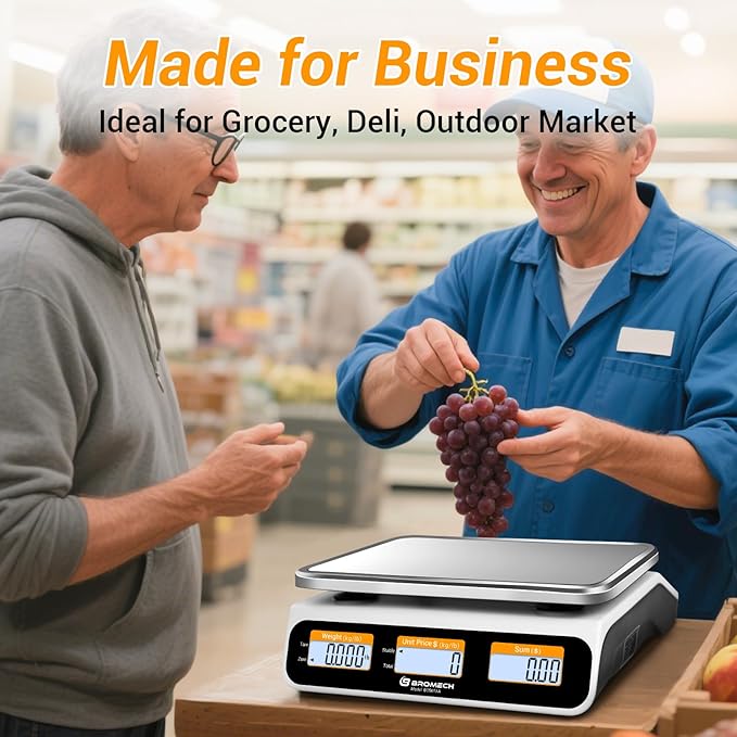 Commercial Food Scale 66lb/30kg, High Precision Digital Price Computing Scale for Farmers Marke, Deli, Dual Backlit LCD Display, Stainless Steel Platform, Rechargeable Battery for Produce Meat