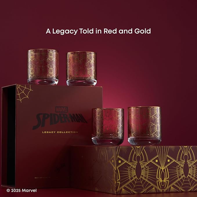 JoyJolt Marvel Spider-Man Legacy Short Drinking Glasses, 10oz Superhero Glass Cups Set of 4, Kitchen Glass Tumbler Set, Gifts for Men and Women, Cool Marvel Stuff for Fathers Day