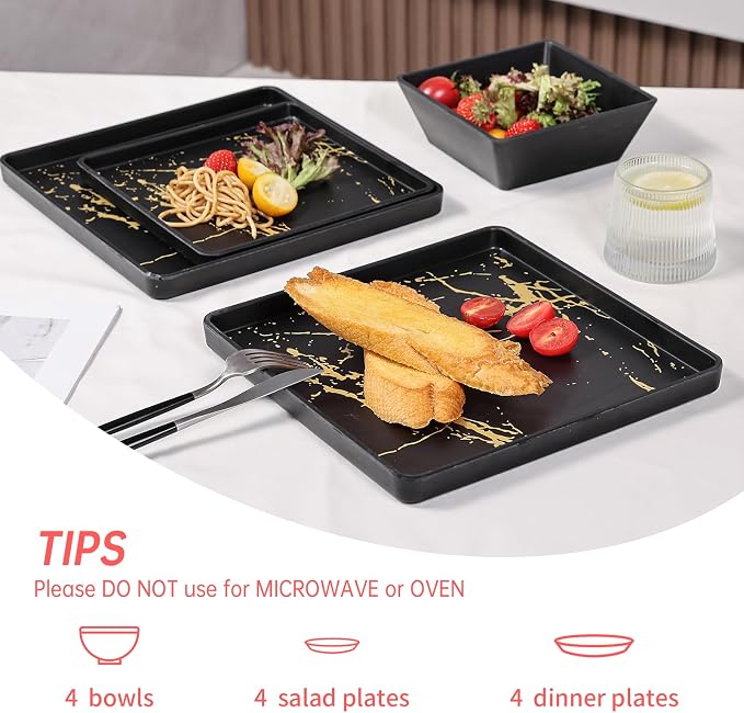 Melamine Dinnerware Sets - 12pcs Square Plates and Bowls Sets For 4, Indoor Outdoor Use, Dishwasher Safe, Black & Gold