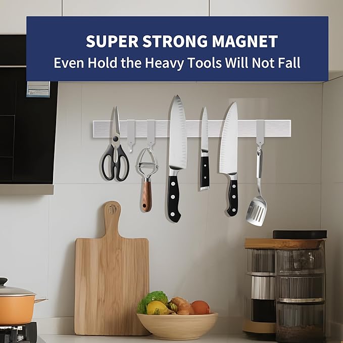 19 Inch Magnetic Knife Holder with Hooks, Strong Wall Mount Magnetic Knife Rack for Kitchen, Stainless Steel Knife Strip Organizer for Utensils, Spoons, Forks