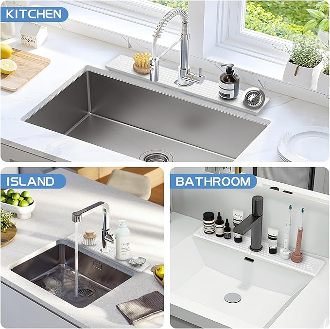 Stone Faucet Mat for Kitchen Sink, Water Absorbent Fast Drying Stone Tray for Sink , Quick Dry Diatomite Splash Guard for Bathroom Counter to Prevent Moisture Buildup, 30" x 4", White