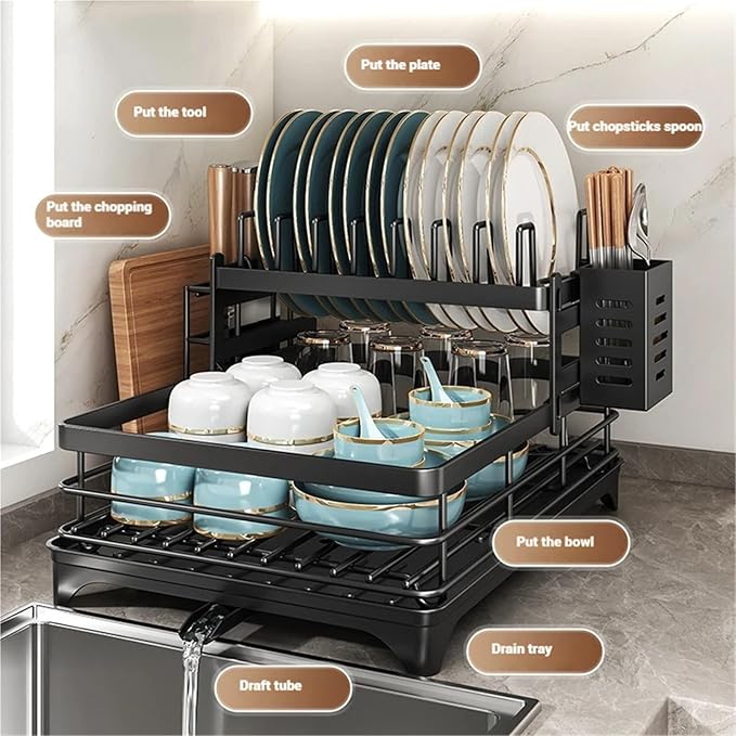 Adjustable Stainless Steel Dish Drying Rack with Drainboard, Over Sink Plate Drainer & Kitchen Organizer(White Suit)