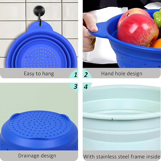 Collapsible Silicone Colander Wash Basin Set, Thickened Strainers bowls, for Kitchen, RV, Camping, Draining Pasta, Washing Fruit, Vegetable Storage(Blue+Green)