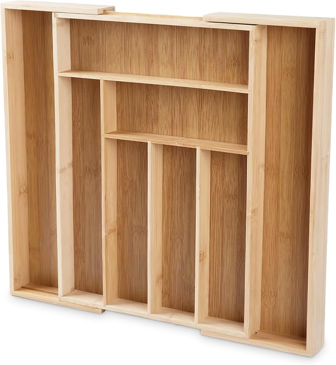 large Expandable Silverware Drawer Organizer - Bamboo Kitchen Organizers and Storage, Adjustable Silverware Organizer, Utensil Drawer Organizer for Kitchen Organization (6-8 Slots)