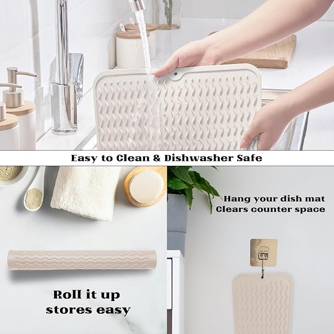 ZLR Silicone Dish Drying Mat & Heat Resistant Trivet (12" x 16") - Waterproof Counter Protector for Air Fryer, Coffee Maker - Non-Slip, BPA Free Kitchen Pad, Easy Clean Dishwasher Safe (Cassava White)