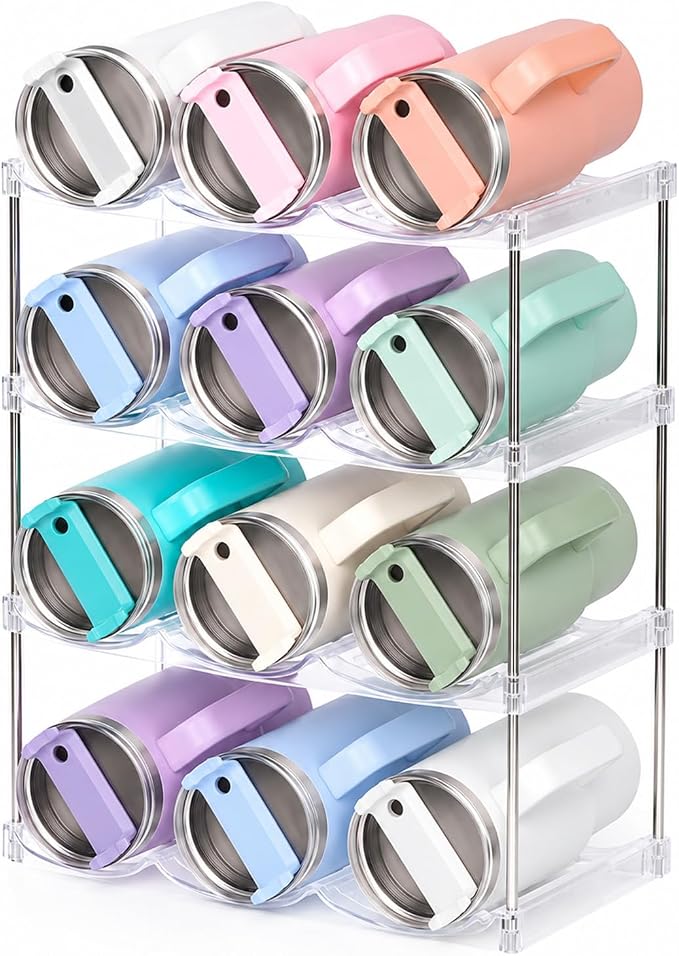Stackable Water Bottle Organizer for Stanley 40 oz Tumbler, Large Compartment Water Bottle Holder for Cabinet, Clear Tumbler Organizer for Kitchen Countertop Pantry, 4 Pack