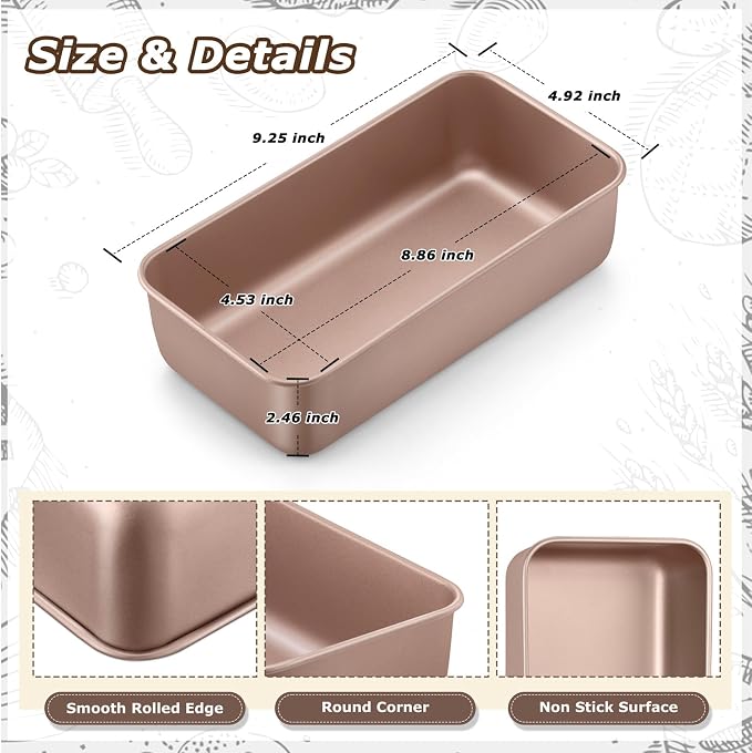 LIANYU Loaf Pans for Bread Baking, 9×5 Inch Stainless Steel Loaf Bread Tins, Non-Stick Baking Pans for Homemade Banana Sandwich Sourdough, Healthy & Sturdy, Set of 6, Rose Gold