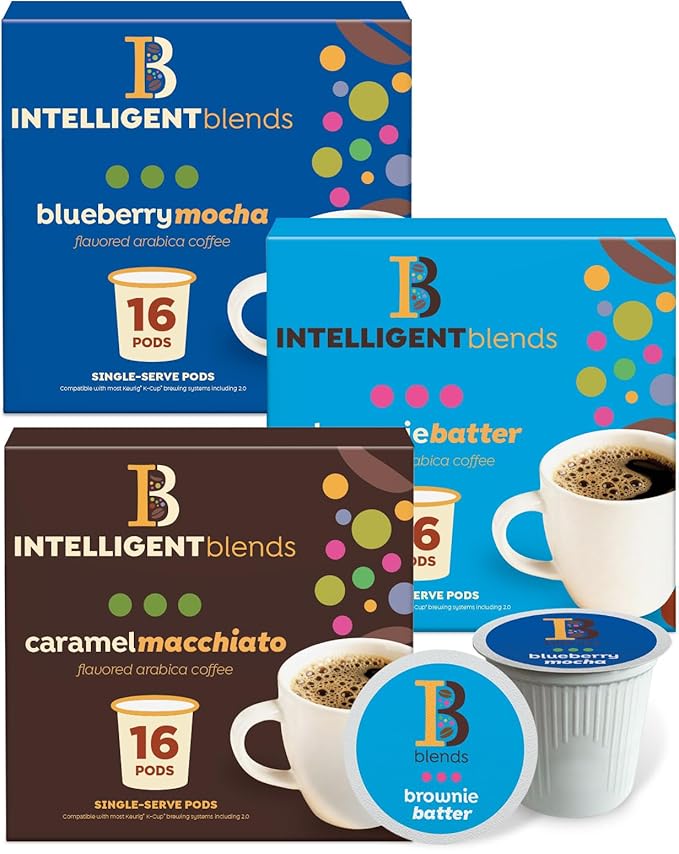 Intelligent Blends Blueberry Mocha, Brownie Batter & Caramel Macchiato Flavored Coffee Pods Variety Pack, 48 ct, Medium Roast Single Serve Pods – 100% Arabica Coffee, Compatible with Keurig K Cups Maker