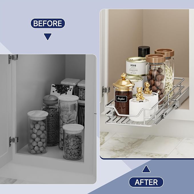 Pull Out Cabinet Organizer, 5.5" W x 21.5" D, Heavy Duty Chrome Slide Out Shelf for Narrow Base Cabinets, Sliding Wire Basket Drawer for Spices, Bottles, Snacks & Cleaning Supplies