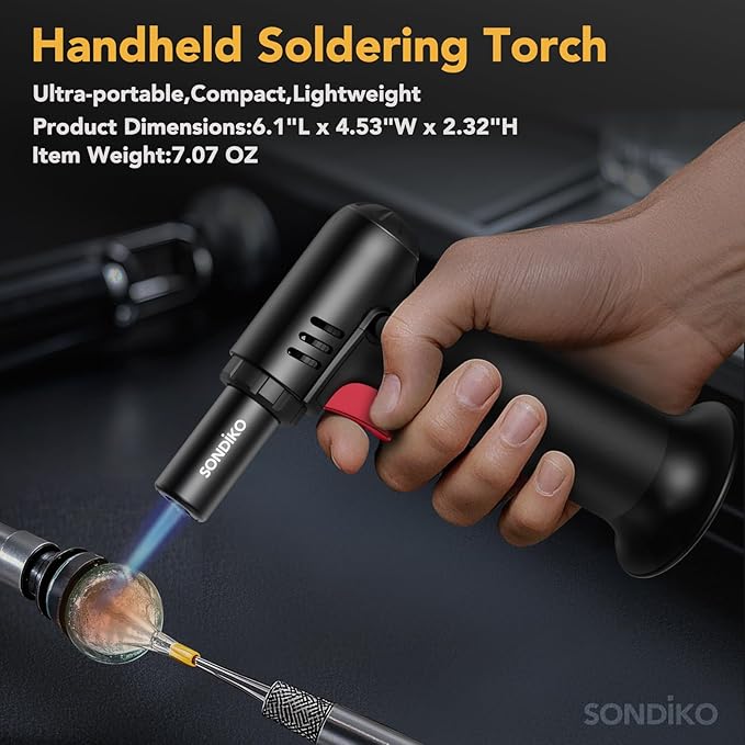 Sondiko Butane Torch Lighter with 2 Pack 100ml Premium Butane Fuel Canister, Refillable Adjustable Flame Soldering Torch with Visible Fuel Window, All-in-One Kit for Welding, Resin Art, BBQ & Camping