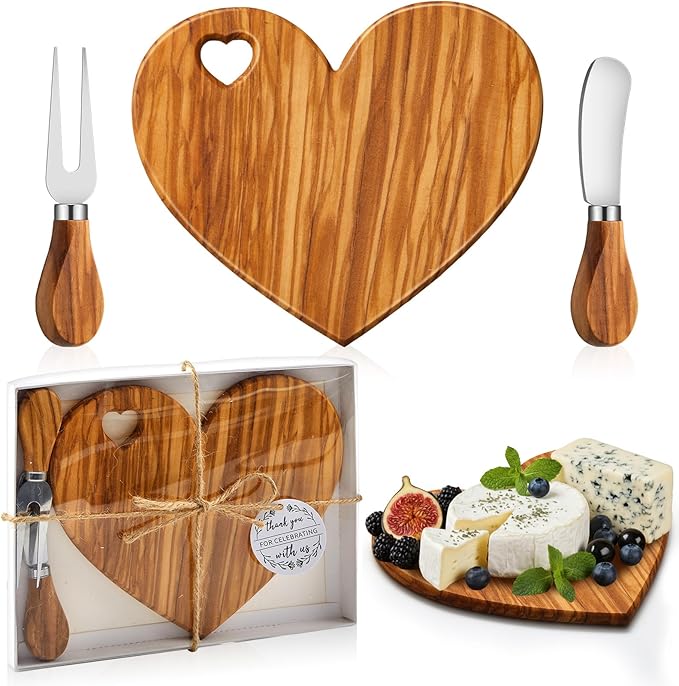 Patelai 1 Set Bridal Baby Shower Favor Heart Cheese Board with Knife, Wood Mini Charcuterie Board Thank You Gift Box for Guest Bridal Baby Shower Prize Wedding Valentines Birthday (Olive Wood)