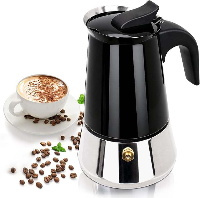 4 Cup 200ml Moka Pot Stainless Steel Espresso Coffee Maker Stovetop Coffeemaker Italian Classic Style Brewing Greca Cafe Mocha Machine for Cafeteras Lover Camping Travel and Home Use 6.6oz