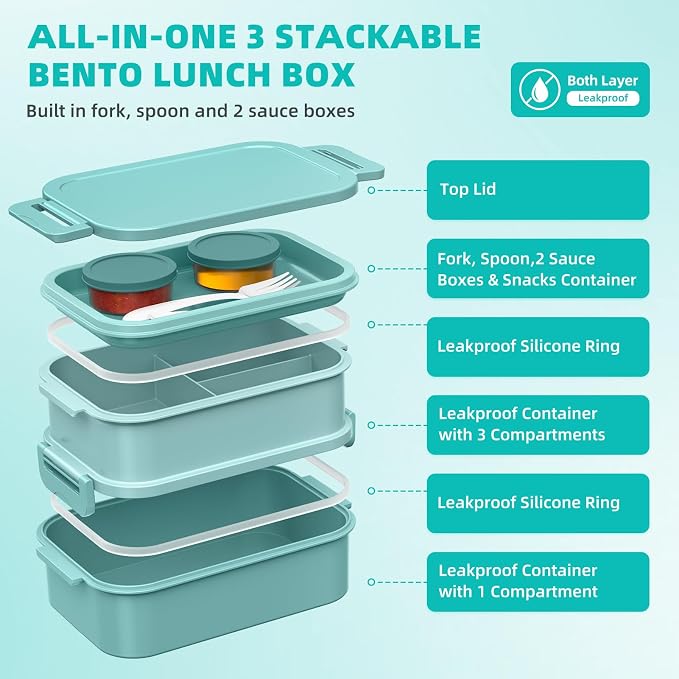 DaCool Adults Lunchbox Bento Box with Lunch Bag- 74 OZ All-in-One Stackable Lunch Box for Adults Kids Leakproof Bento Large Lunch Box Containers with Fork Spoon Sauce Box for Work School (Green)