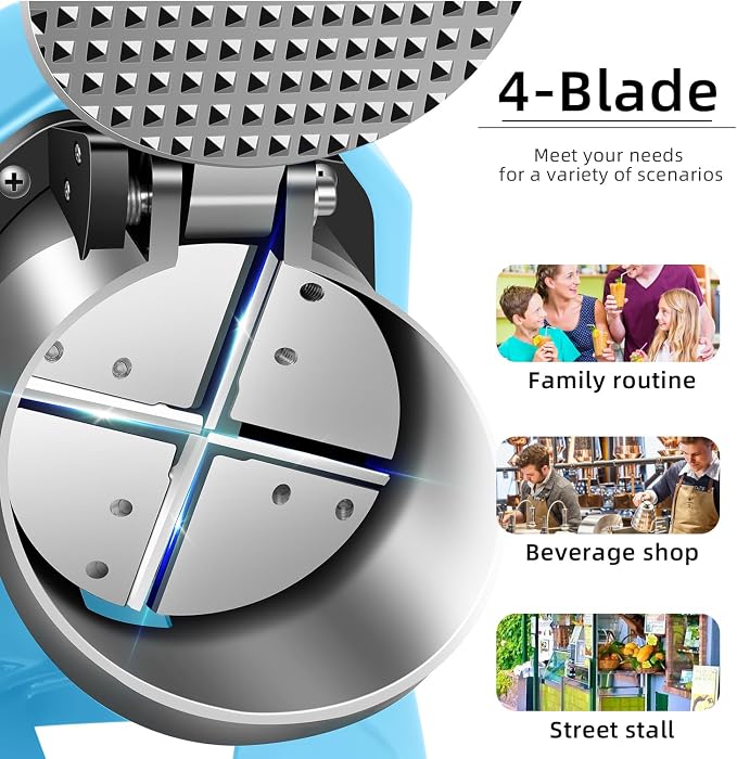 4-Blades Electric Ice Shaver Machine, 200lbs/hr Ice Crusher with Ice Tray for Home and Commercial Use (Blue)