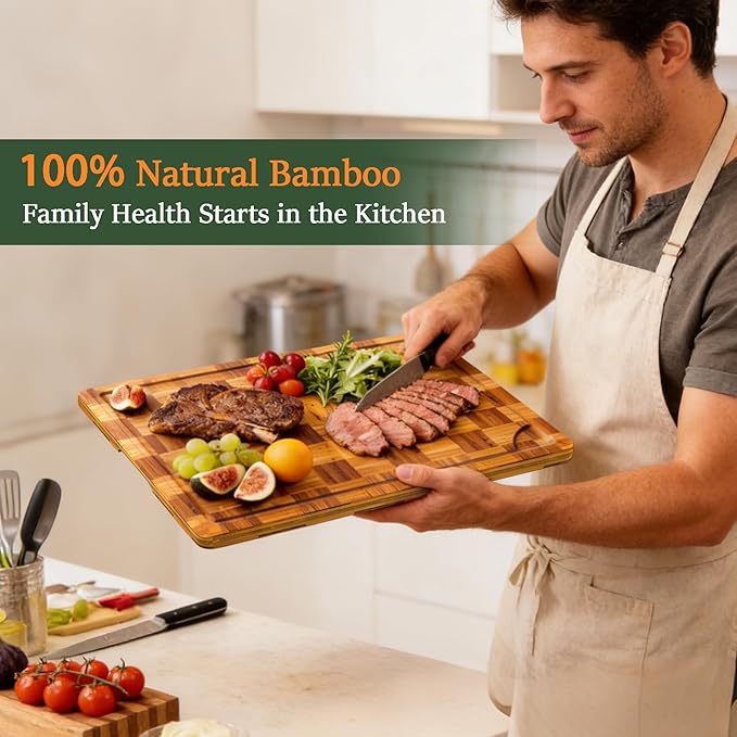 Bamboo Cutting Board Set of 3 for kitchen Checkered End Grain Chopping Boards with Storage Stand & Deeper Juice Grooves | Reversible Butcher Block for Meat, Cheese, Charcuterie & Kitchen Prep