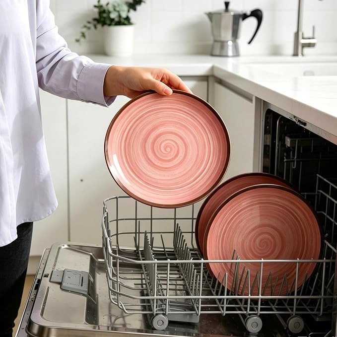 Melamine Plates and Bowls Sets, 12 Pcs Unbreakable Round Dinnerware Sets for 4, Decorative Reusable Kitchen Dishware, Lightweight for Camping RV Outdoor & Dishwasher Safe, Pink Thread