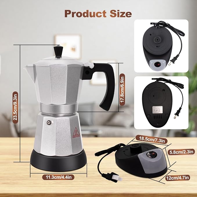 Electric Aluminum Moka Pot 3-6 Cup 150-270ml Espresso Maker with Detachable Base Ideal Coffee Makers for Home MochaPot Italian and Cuban Café Coffeemaker Espressomaker CoffeePot Silver