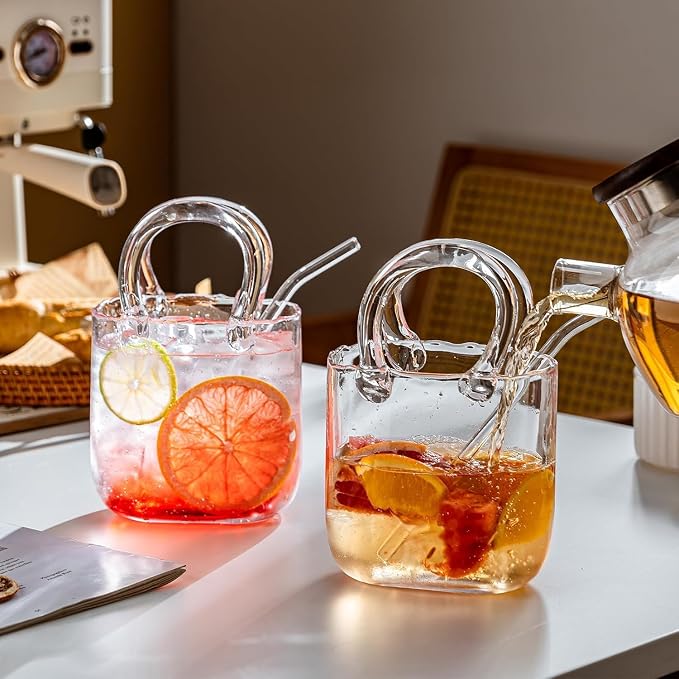 Glass Purse for Drinks Set of 4,24oz Unique Funky Thick Wine Glasses Gifts for Women Party,Fish Bowl Vase,Creative Unique Drinking Glass for Fruit Juice,Tea,Flowers (Bubbled)