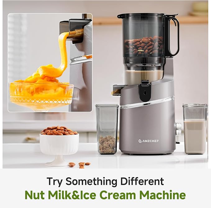 AMZCHEF Cold Press Juicer Machine, 5.8" Wide Chute for Whole Fruits & Vegetables, Self-Feeding Slow Masticating Juicer, 3-in-1 for Juice, Nut Milk & Sorbet, Triple Filtration, Easy Clean