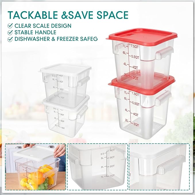 Lallisa 4 Pcs 8qt & 4qt Clear Food Storage Containers with Lids Handles and Scales, Stackable Plastic Square Food Storage Containers for Dough Proofing Baking Kitchen Restaurant(White, Red)