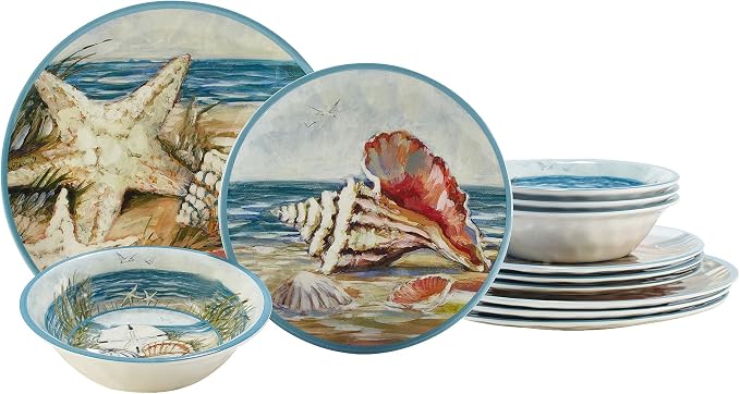 Seacoast Melamine 12 Piece Dinnerware Set – Coastal Beach-Themed Plates and Bowls, Service for 4 with Shell and Ocean Art, Break-Resistant BPA-Free Reusable Dinnerware, Dishwasher Safe Indoor/Outdoor
