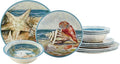 Seacoast Melamine 12 Piece Dinnerware Set – Coastal Beach-Themed Plates and Bowls, Service for 4 with Shell and Ocean Art, Break-Resistant BPA-Free Reusable Dinnerware, Dishwasher Safe Indoor/Outdoor