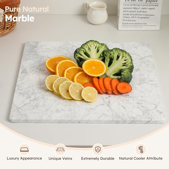 Diflart Natural Marble Stone Cutting Board for Kitchen, 16x16 Inch, White, Marble Slab Pastry Board Large with Non-Slip Feet for Backing, Cheese, Chocolate, Pack of 1 Piece