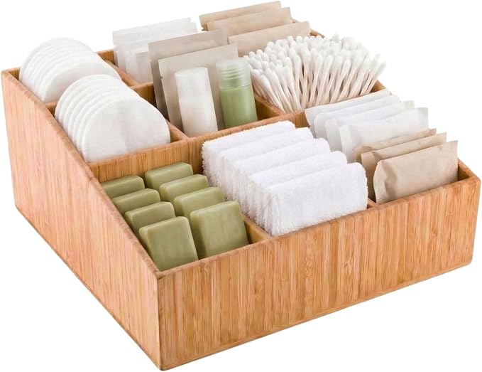 Restaurantware-11.75 x 5.5 Inch Coffee Condiment Organizer, 1 Square Creamer Organizer - 9 Compartments, Break-Resistant, Bamboo Coffee Accessory Caddy, Won't Chip, For Sugar Packets And Creamers