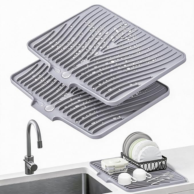 TIKNIK Silicone Dish Drying Mat, Stone Drying Mat for Kitchen Counter with Built-In Drain, Non-Slip Drain Pad with Built-in Drain, Heat Resistant Stone Drying Mat, Hangable, Grey-2pcs, 20" x 15"