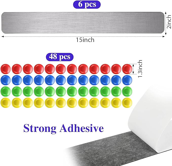 6 Pcs 15" x 2" Magnetic Display Board Souvenir Bulletin Board Strip Set with 48 Pcs Colorful Magnet for Office Home Wall Display Notes, Photos(Silver)